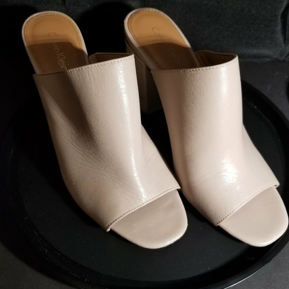 Calvin Klein Creme Leather Block Heel Mules